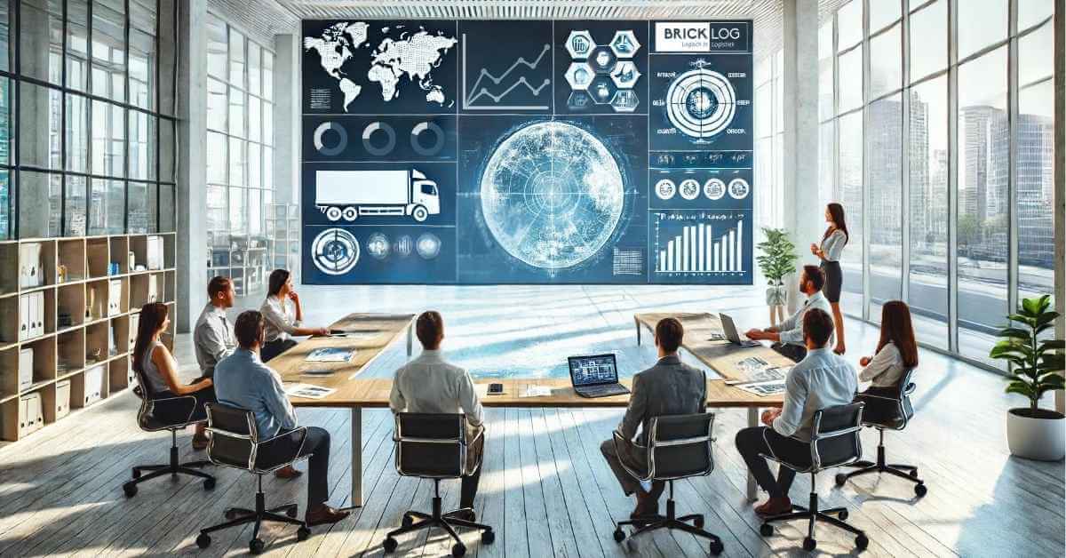 An image of a logistics company's management team in a meeting, looking at dashboards to then decide on their strategy based on the data they see.